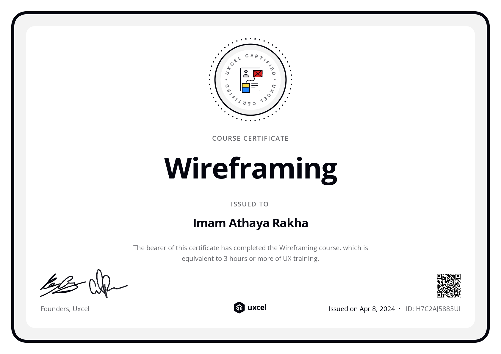 Imam Athaya Rakha's certificate